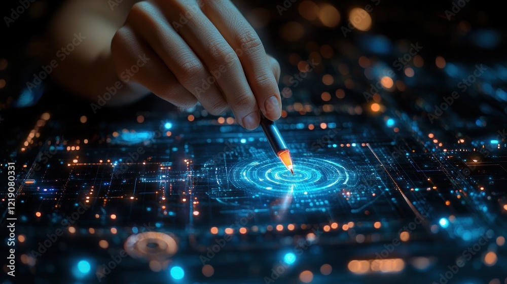 Naklejka premium Digital Innovation: A Hand Carefully Designing Futuristic Technology