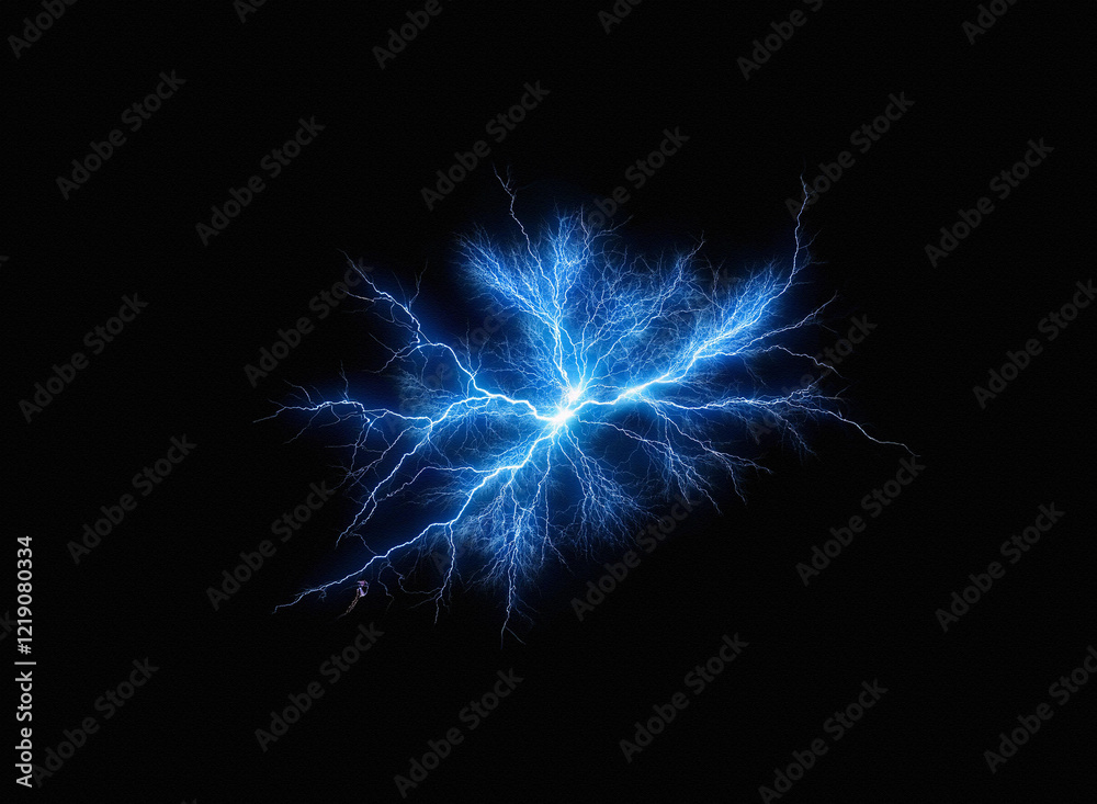 Obraz premium Intense blue electrical discharge, fractal branches spreading against a stark black background. A mesmerizing display of energy.