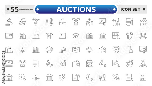Auction outline icon hammer sell document judge illustration price deal. Bid auction vector tender justice sale commercial concept. Editable stroke outline icon. 

