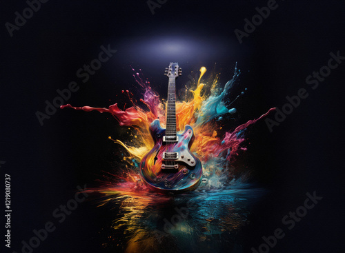 A vibrant electric guitar explodes in a colorful paint splash against a dark background.  The image is dynamic and full of energy.