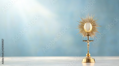 Exquisite Golden Monstrance for Eucharistic Adoration on Elegant Background with Soft Lighting