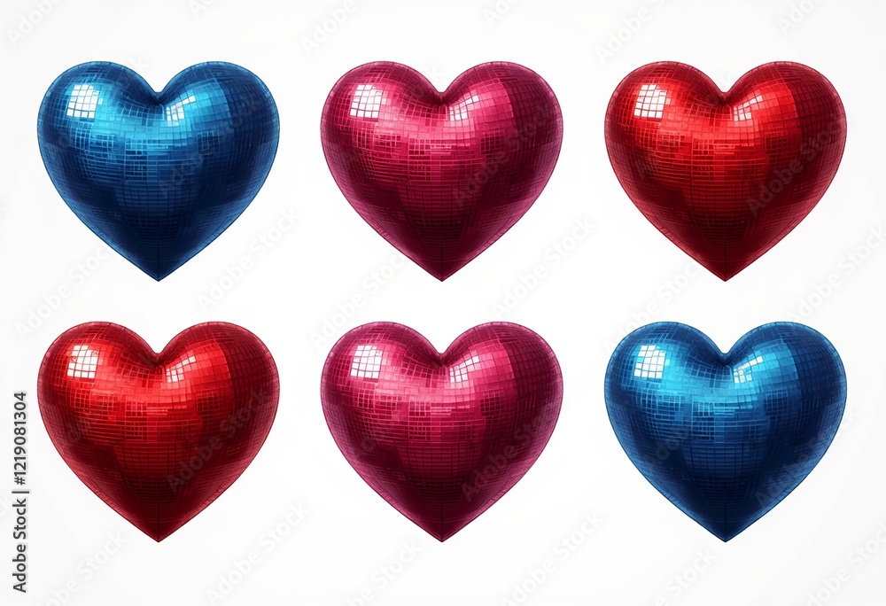 Fototapeta premium Heart Disco Ball Clip Art: Vector set, heart-shaped disco balls, white background, spaced with margins. Party, glitter, love, sparkle, vector graphic, isolated elements, disco theme.