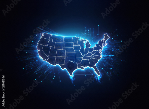 A glowing, digital map of the United States pulses with vibrant blue light, depicting a network of connections across the country.  Data streams radiate outwards, symbolizing communication and connect