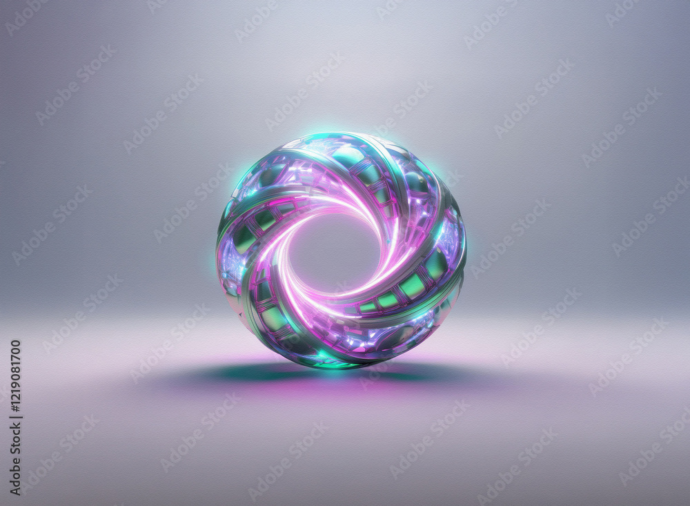 A mesmerizing, swirling sphere of metallic teal and silver, emitting a vibrant pink and teal glow. Its intricate design suggests a complex, futuristic technology. A mesmerizing, swirling sphere of metallic teal and silver, emitting a vibrant pink and teal glow. Its intricate design suggests a complex, futuristic technology.