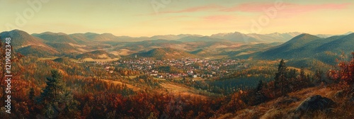 Autumnal Village nestled in a Mountain Valley Landscape