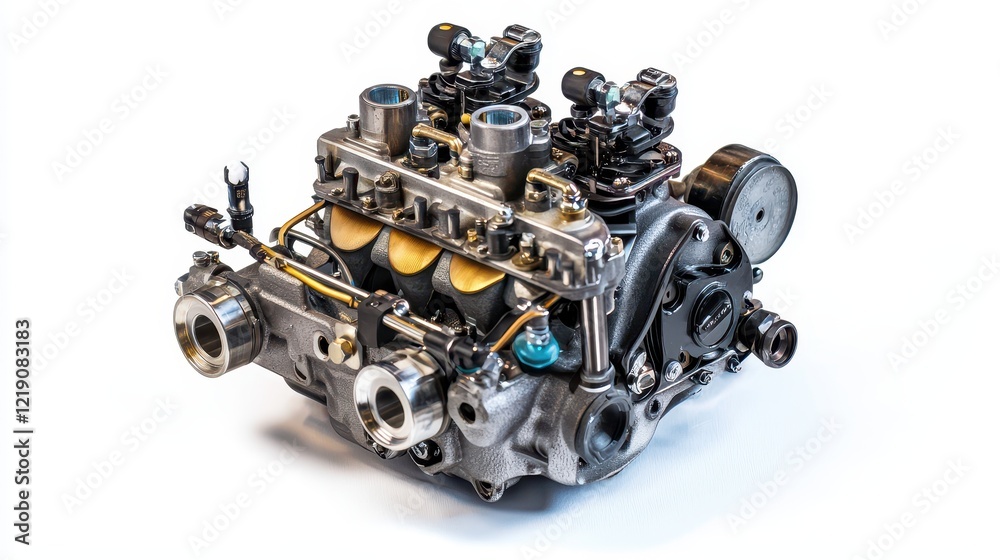 A close-up of a high-performance engine carburetor with throttle linkage on a white isolated background A close-up of a high-performance engine carburetor with throttle linkage on a white isolated background
