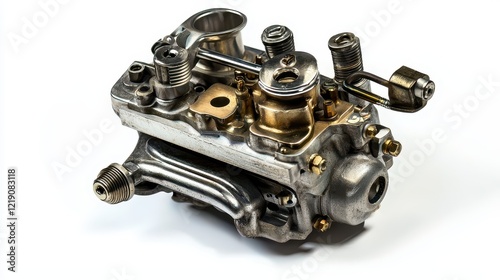 A close-up of a high-performance engine carburetor with throttle linkage on a white isolated background