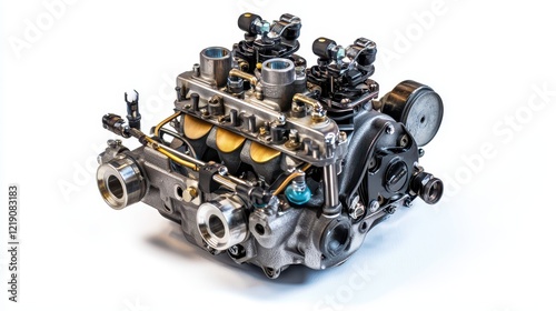 A close-up of a high-performance engine carburetor with throttle linkage on a white isolated background