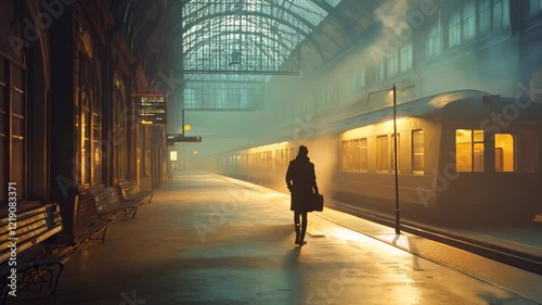 A cinematic image of a lone traveler walking through a vintage-style train station, bathed in warm light and misty ambiance. The scene evokes a sense of nostalgia, mystery, and anticipation