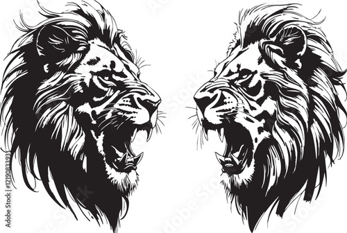 A majestic wild roaring lion king's head tattoo set, showcasing both front and side views of the predator's face, rendered in exquisite black and white ink sketch silhouettes.