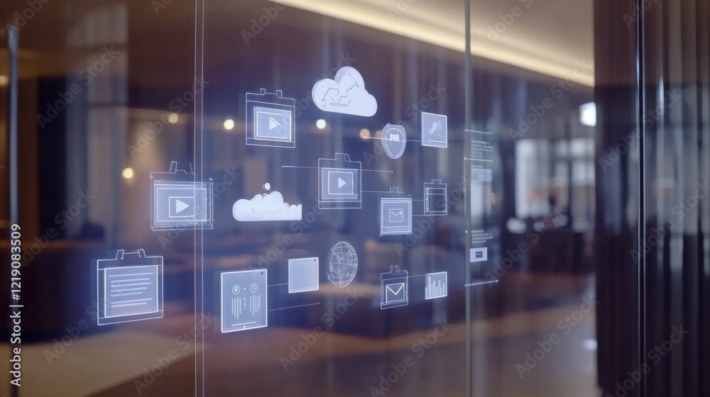 A digital interface displaying file sharing icons on a transparent holographic screen. A digital interface displaying file sharing icons on a transparent holographic screen.