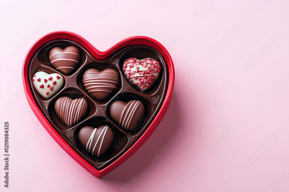 Various chocolates in a heart-shaped box on a pink background Various chocolates in a heart-shaped box on a pink background