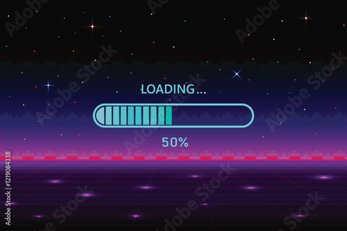 50% Progress Loading Bar on retro Futurism Sci-Fi Background. glowing neon grid. and stars from vintage arcade computer games. Pixel art 8-bit 