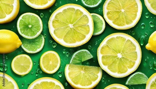 Juicy lemon and lime slices glisten on a vibrant green background, a refreshing summer scene