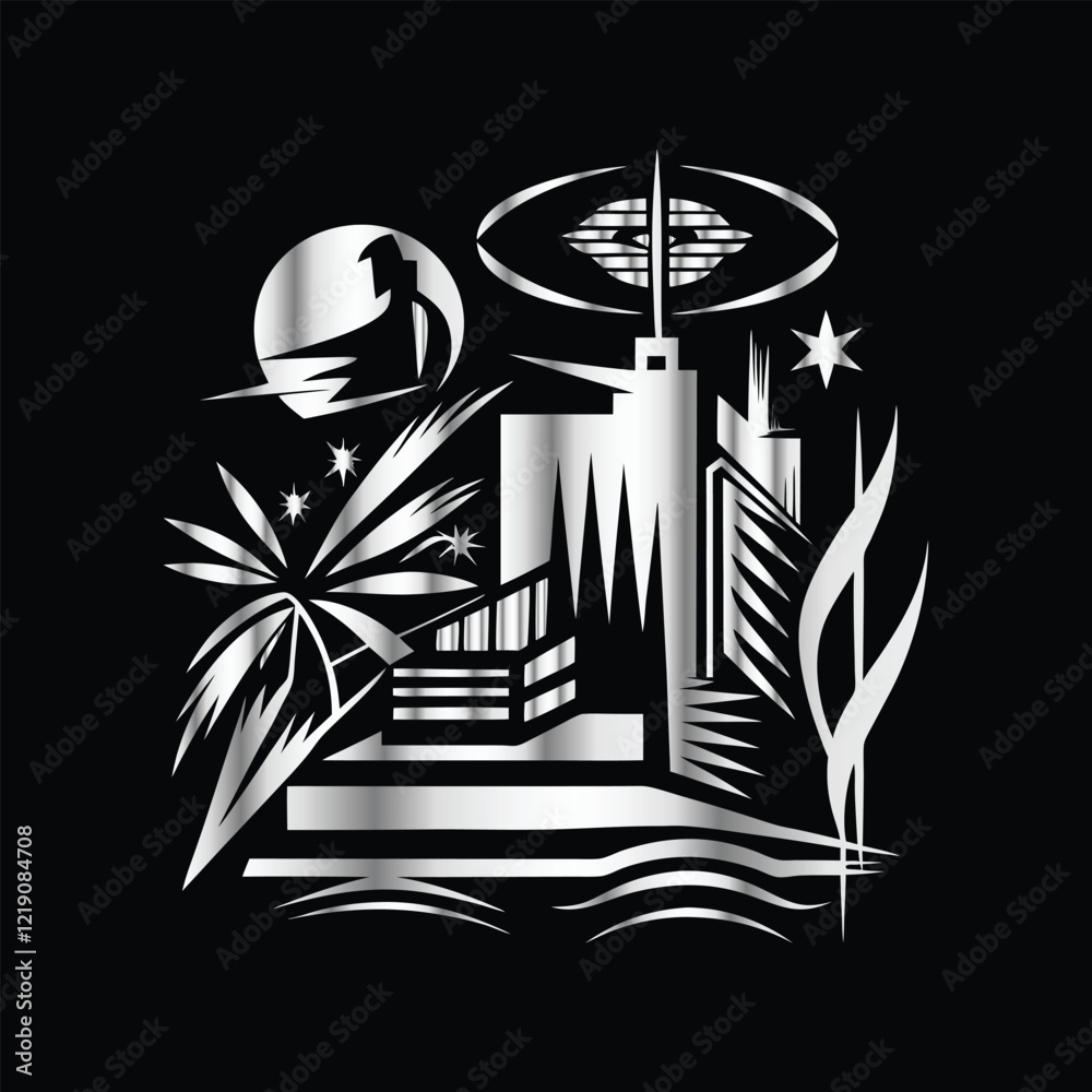 Naklejka premium Nature Logo: Pine Forest, River & Rocks Hand-Drawn for Unique Painting & Design Creations. Hand-Drawn Hill and River: Mountain Club Artwork for Adventure T-Shirts and Creative Painting Design.