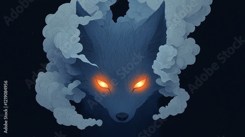 Mystical Nine-Tailed Fox Surrounded by Ethereal Clouds and Glowing Eyes in Dark Background