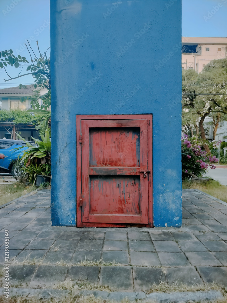 Naklejka premium A vibrant blue wall features a weathered red door at its base, surrounded by greenery and pavement, creating an intriguing urban scene.