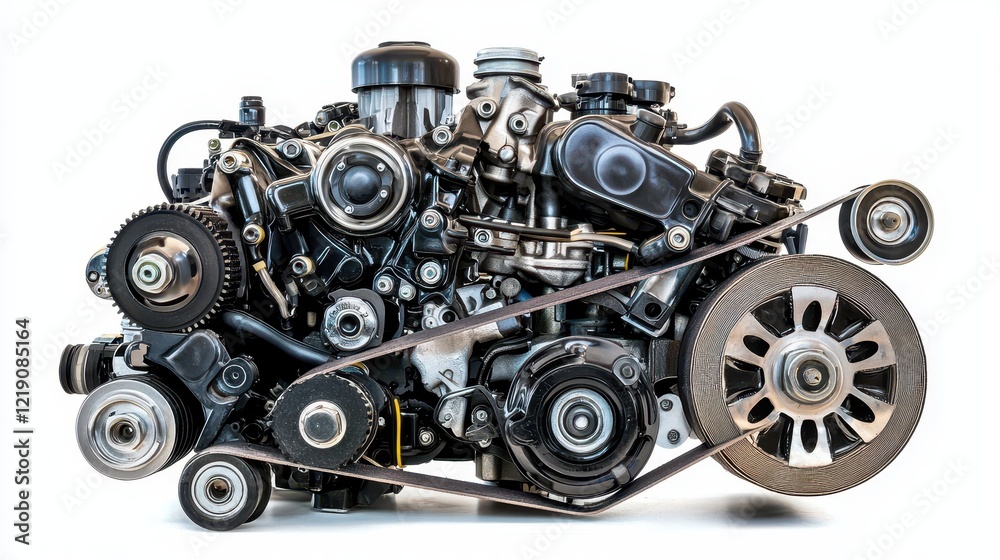 A set of engine components including a water pump, fan belt, and tensioner on a white isolated background A set of engine components including a water pump, fan belt, and tensioner on a white isolated background