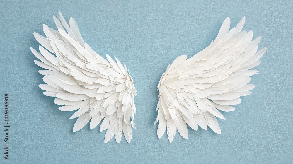 Fototapeta premium Enchanted Wings Displaying Shimmering Feathers on a Soft Blue Background in a Captivating Artistic Arrangement