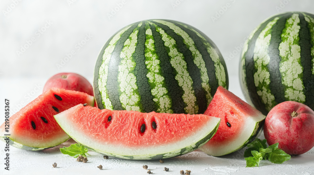 A Freshly Sliced Watermelon With Vibrant Red Flesh Surrounded By Whole Fruits A Freshly Sliced Watermelon With Vibrant Red Flesh Surrounded By Whole Fruits