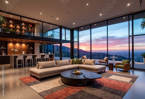 Harmonious Living Room: Neutral sectional, patterned rug, cityscape view, sunset. Modern, floor-to-ceiling windows, sleek bar area, recessed lighting, white sculptures, spiral staircase, open.

