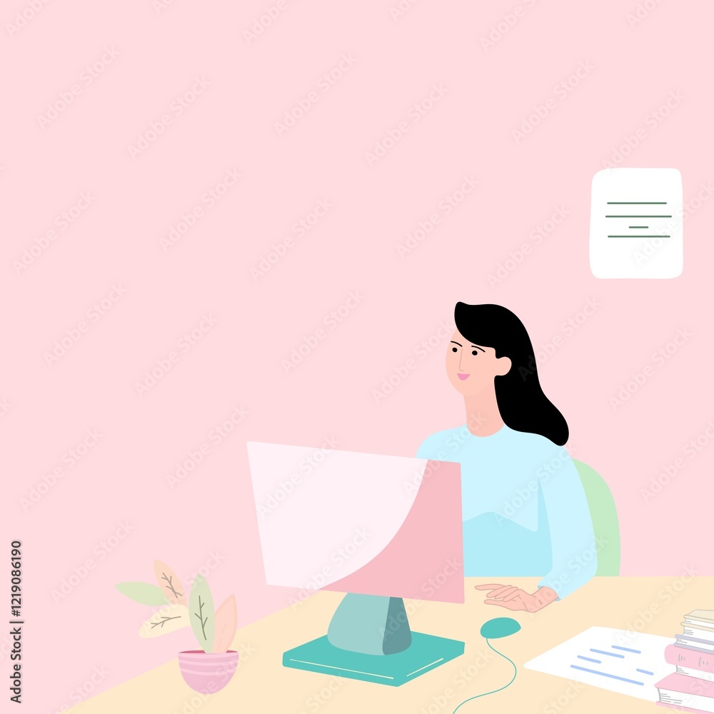 Minimalist Office Illustration of a Woman Working at a Desk, Feminine Workspace Design
Minimalist Office Illustration of a Woman Working at a Desk, Feminine Workspace Design