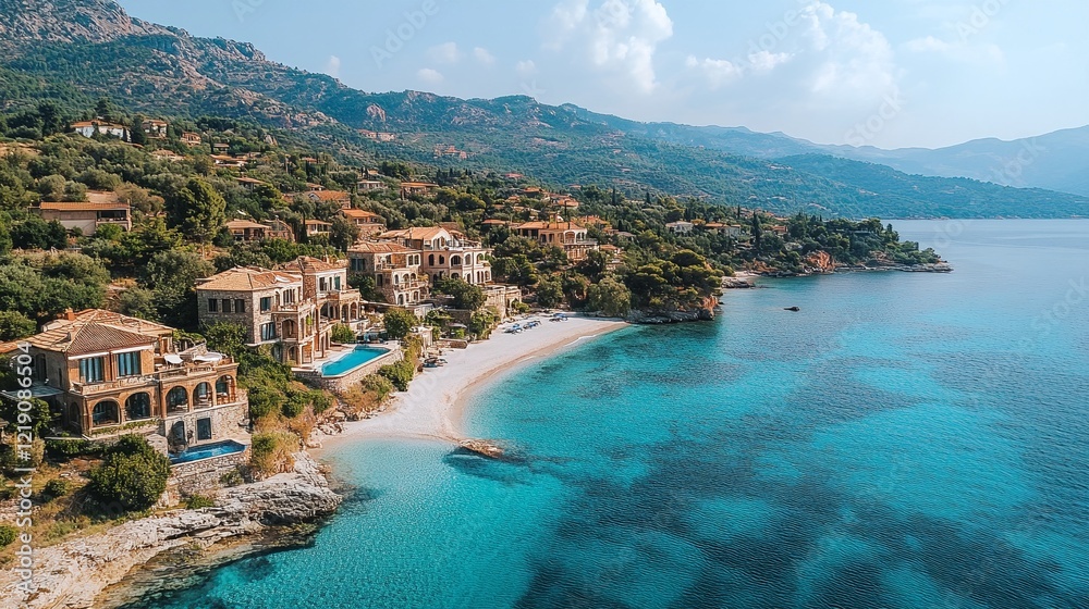 Naklejka premium Aerial view of coastal homes and clear blue water.