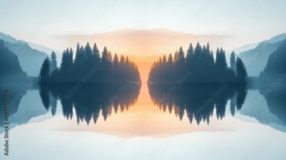 Fototapeta premium Tranquil Sunrise Over a Silent Forest and Lake Reflecting Symmetry in Early Morning Light