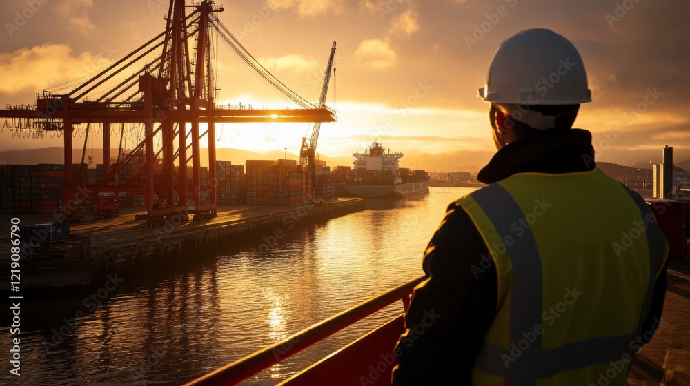 Fototapeta premium Worker Overlooking Busy Shipping Port at Sunset