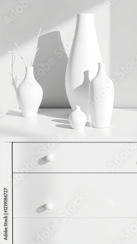 four white ceramic vases arranged on a white dresser in a minimalist setting