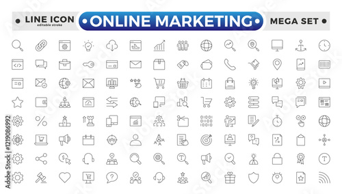 Online marketing and SEO outline icons set. Marketing & Search Engine Optimization outline icons collection. Website, search, mail, analysis, content, strategy. Editable stroke outline icon. 