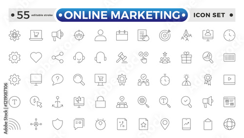Online marketing and SEO outline icons set. Marketing & Search Engine Optimization outline icons collection. Website, search, mail, analysis, content, strategy. Editable stroke outline icon. 