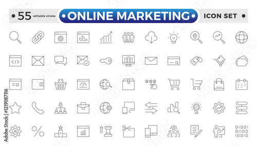 Online marketing and SEO outline icons set. Marketing & Search Engine Optimization outline icons collection. Website, search, mail, analysis, content, strategy. Editable stroke outline icon. 