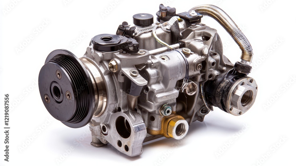 A close-up of a car engine water pump and thermostat housing on a white isolated background A close-up of a car engine water pump and thermostat housing on a white isolated background
