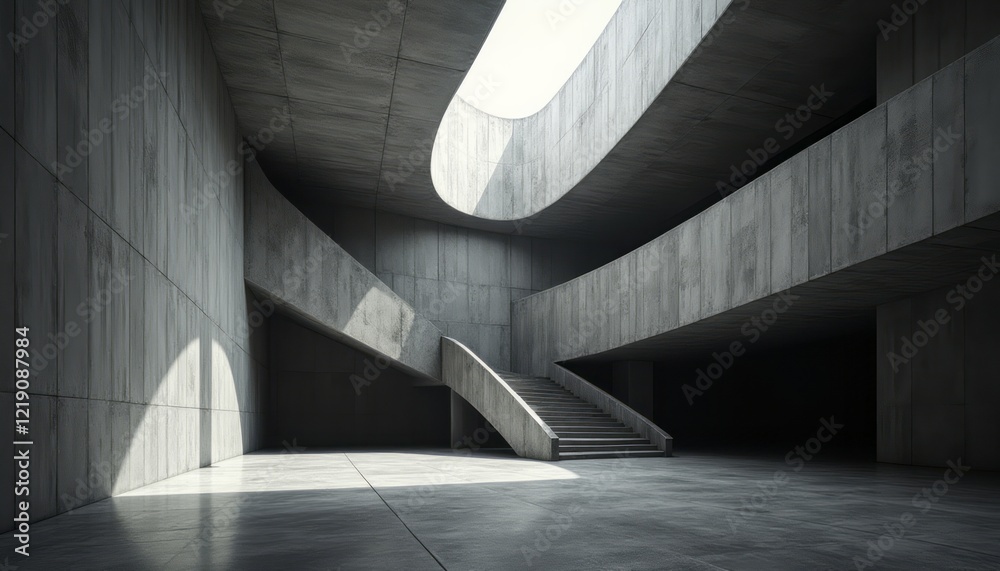Obraz premium A stunning interior showcases a minimalist design with smooth concrete surfaces and elegant curves, illuminated by soft natural light streaming through a skylight. This captivating space invites