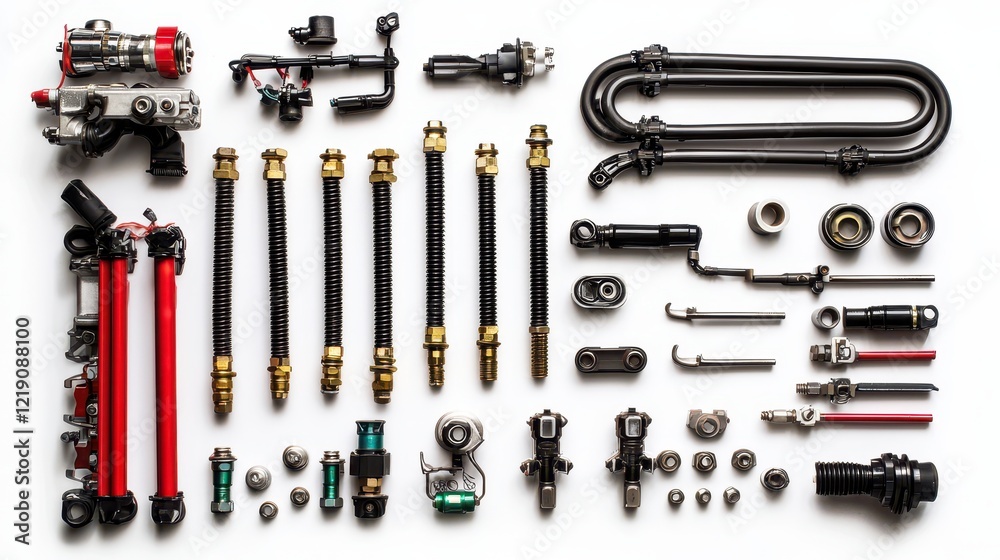 Fototapeta premium A set of automotive engine fuel lines, pumps, and injectors on a white isolated background