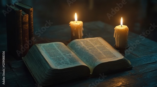 Wallpaper Mural An open Bible with three lit candles beside it, symbolizing the bright light of divine wisdom and inspiration for learning or reading in an ancient setting.  Torontodigital.ca