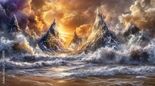 Dramatic Sunset Ocean Waves Crashing Against Majestic Mountains photo