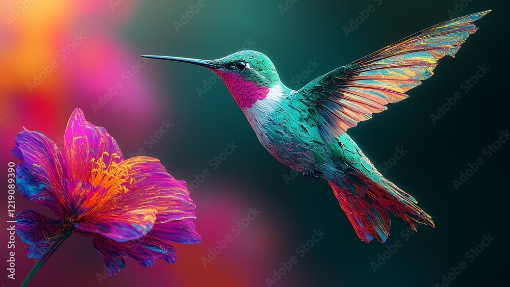 Fototapeta premium A dynamic illustration of a hummingbird with vibrant, iridescent feathers, captured in mid-flight. The image conveys a sense of energy and freedom.