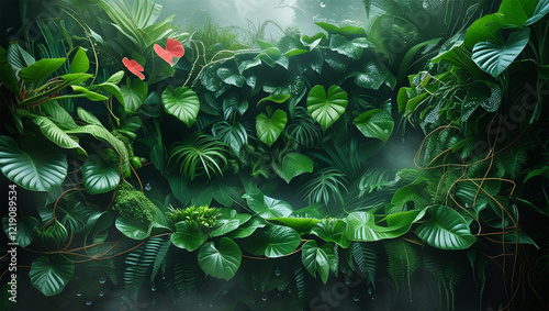 vibrant jungle green plant wall design AI generative