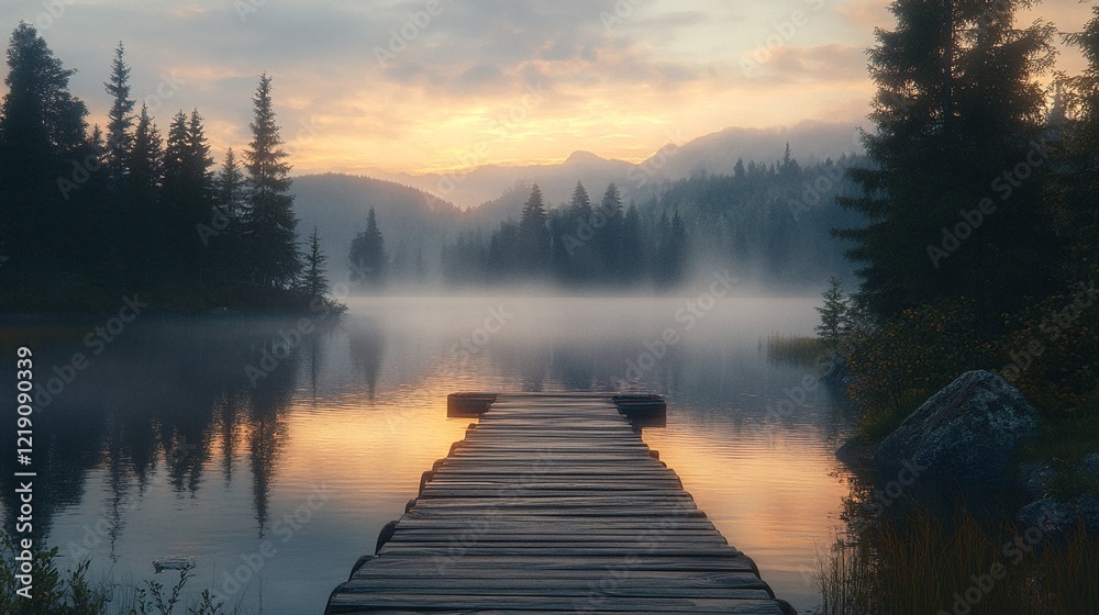 A serene landscape featuring a wooden dock extending over a misty lake towards a forest of evergreen trees and distant mountains at sunrise.