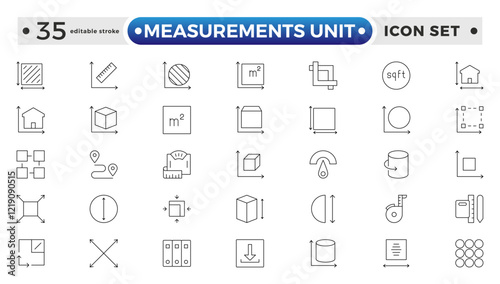 Measurement outline icons set with Measure, Area, Dimension, Distance, Diameter, Meter, Width, Radius, Length, weight, and volume. Contains such icons as ruler, m2. Editable stroke outline icon. 