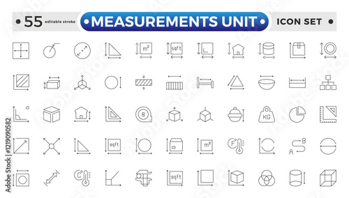 Measurement outline icons set with Measure, Area, Dimension, Distance, Diameter, Meter, Width, Radius, Length, weight, and volume. Contains such icons as ruler, m2. Editable stroke outline icon. 