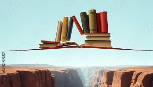 Books Balanced Bridge Canyon Landscape Education Knowledge Wisdom Adventure Reading Journey Novels Stories Open Book Red Books Stacked Books Desert    photo