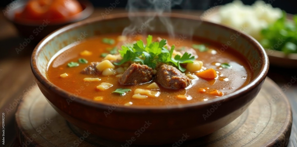 a shot of a steaming bowl of creamy beef soup, liquid, nourishing, beef soup a shot of a steaming bowl of creamy beef soup, liquid, nourishing, beef soup
