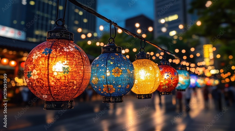 Obraz premium Taipei's Colorful Night Market: A Vibrant and Bustling Scene with Lanterns and Long Exposures