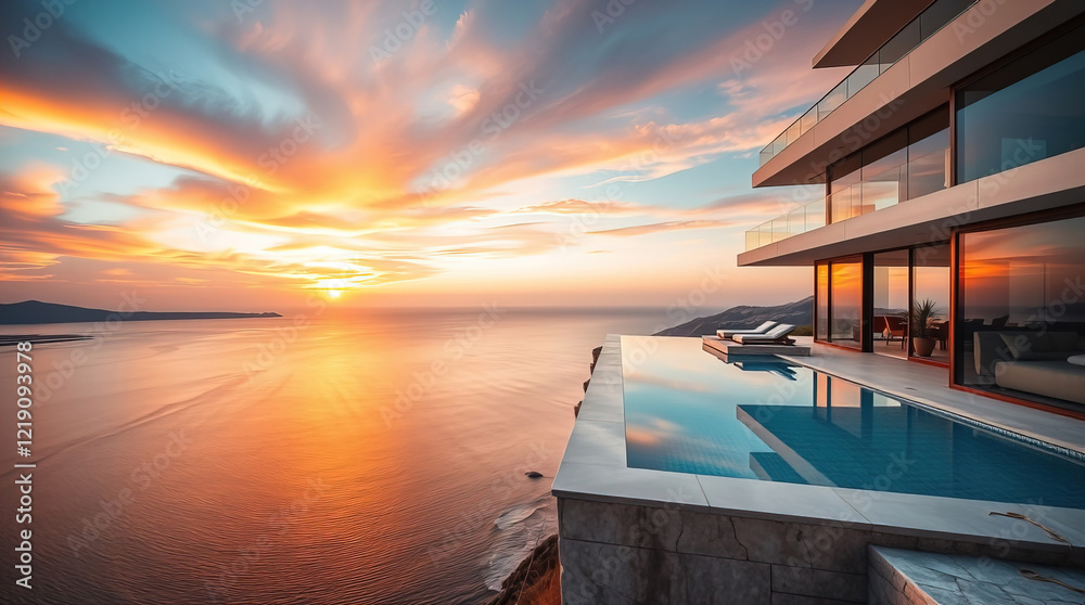 Fototapeta premium modern luxury villa with elegant swimming pool with panoramic views of sun-drenched azure sea coast
