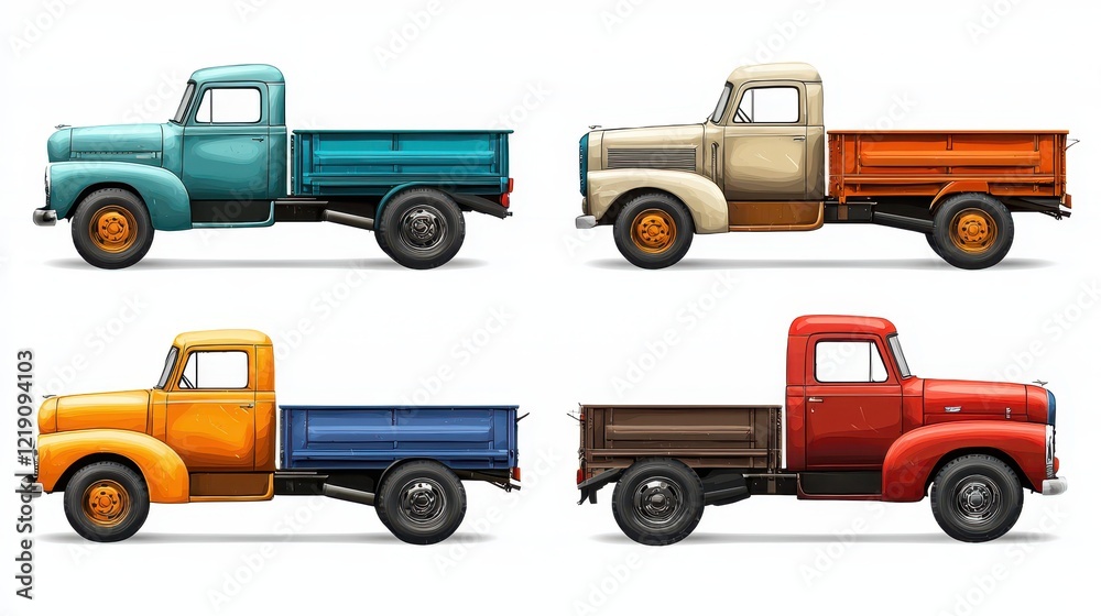 Fototapeta premium A set of classic vintage trucks on a white isolated background