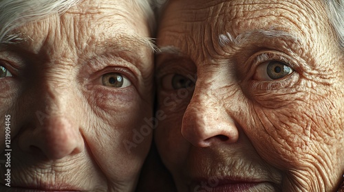 Two elderly women with silver hair, sharing a close moment, highlighting their warm eyes and intricate facial textures. photo