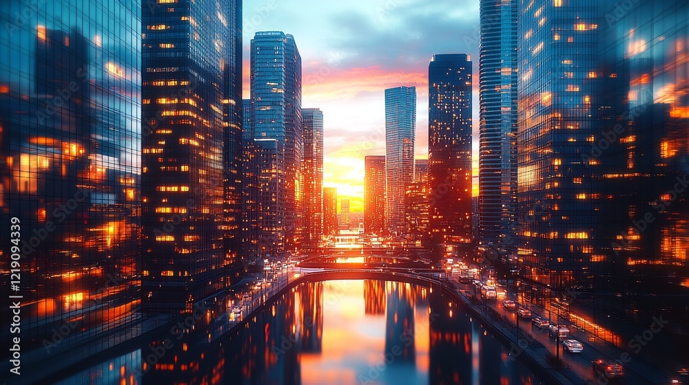 Fototapeta premium A vibrant city skyline at sunset, with towering skyscrapers and bustling streets reflected in the calm waters of a nearby river.